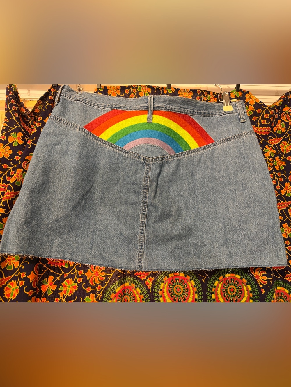 Denim Mini Skirt with Embroidered Rainbow on back